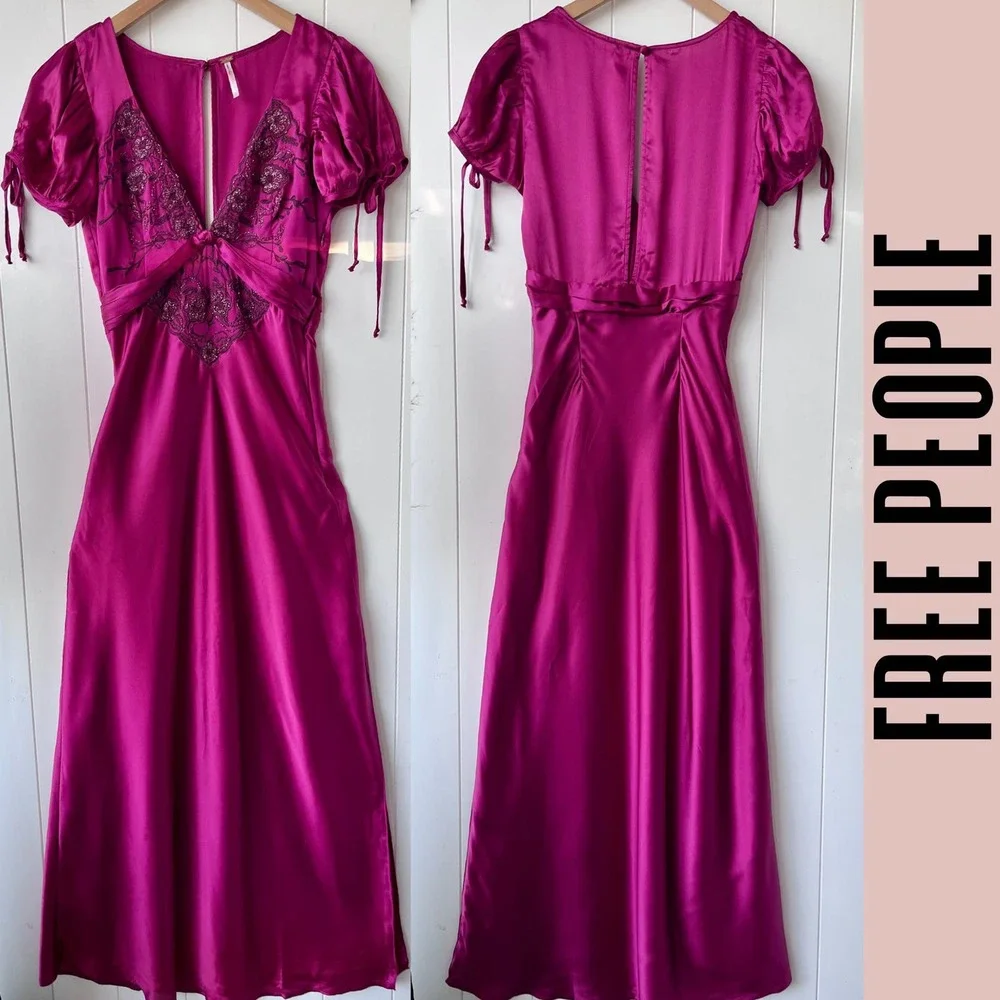 SOLD -D- Free People dress maxi satiny floral embroidered spring cocktail summer - Picture 4 of 6